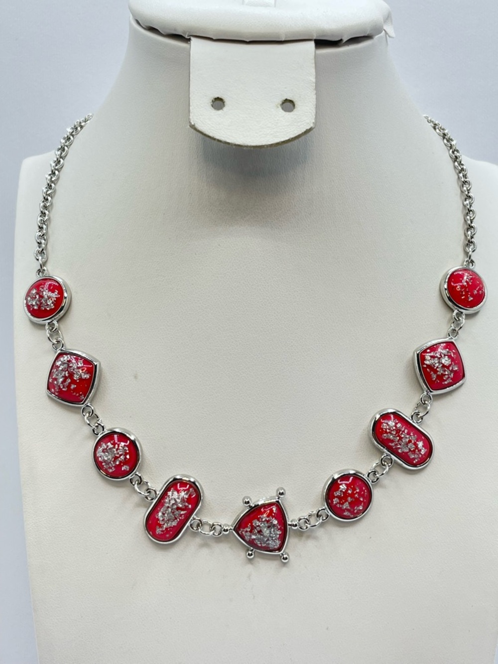Silver Tone Red Acrylic Druzy Style Statement Necklace Bold Link